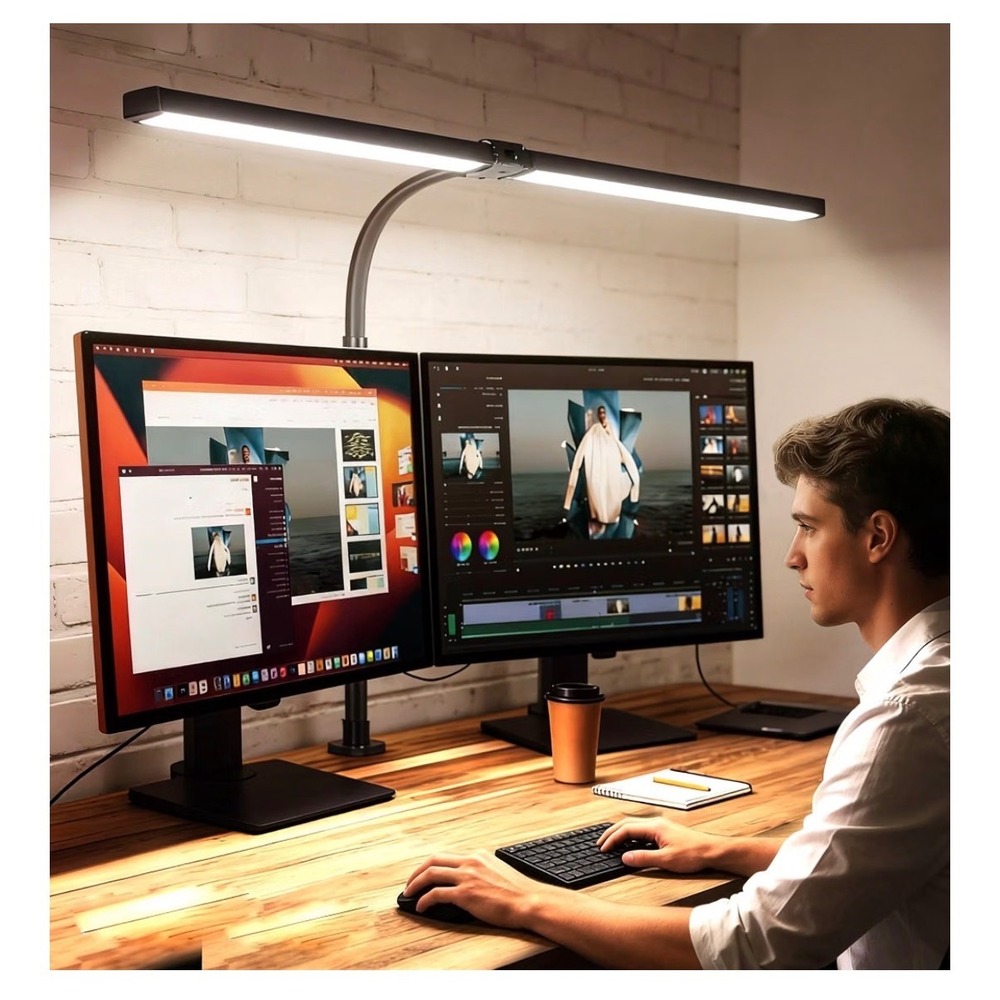 Double Head LED Desk Lamp Dual Monitor Light 25 Modes Dimmable Clamp On Black